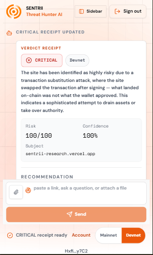 Sentrii CRITICAL verdict — transaction substitution detected